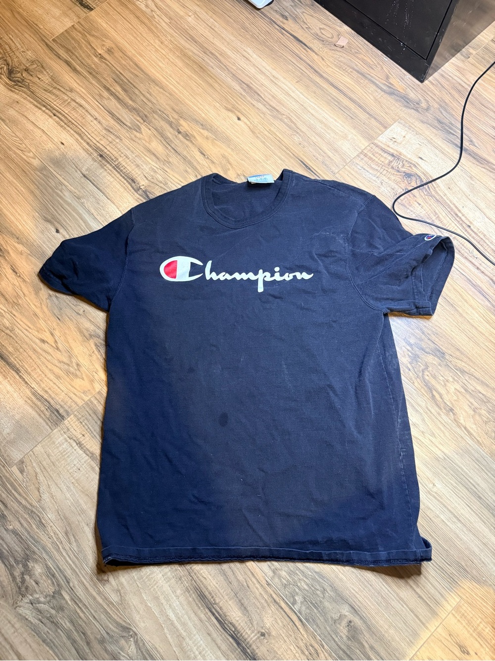 Champion Navy Blue Script Logo Tee with Red Accent